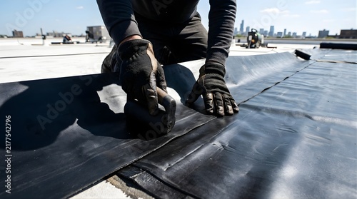 Professional roofer installing black rubber membrane on a building roof