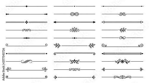 Vintage decorative dividers and ornamental line borders, 30 elegant black vector flourishes, classic filigree page separators for wedding stationery