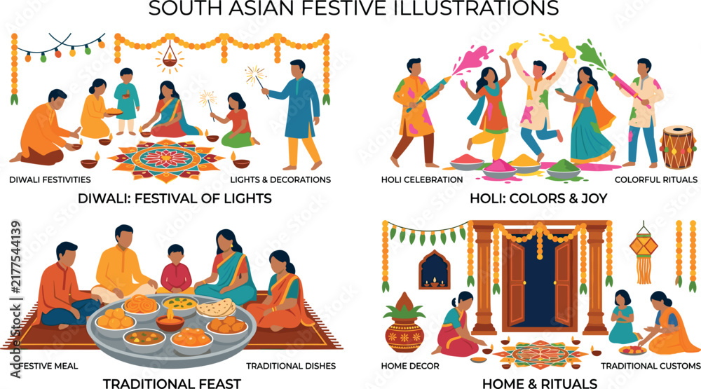 Fototapeta premium South Asian Festive Illustration Set featuring Diwali Festival of Lights Holi Color Celebration Traditional Feast and Home Rituals with Indian Families