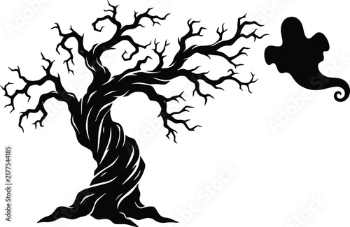 Obraz na plátne Haunted tree and floating ghost silhouette vector illustration for creepy hallow