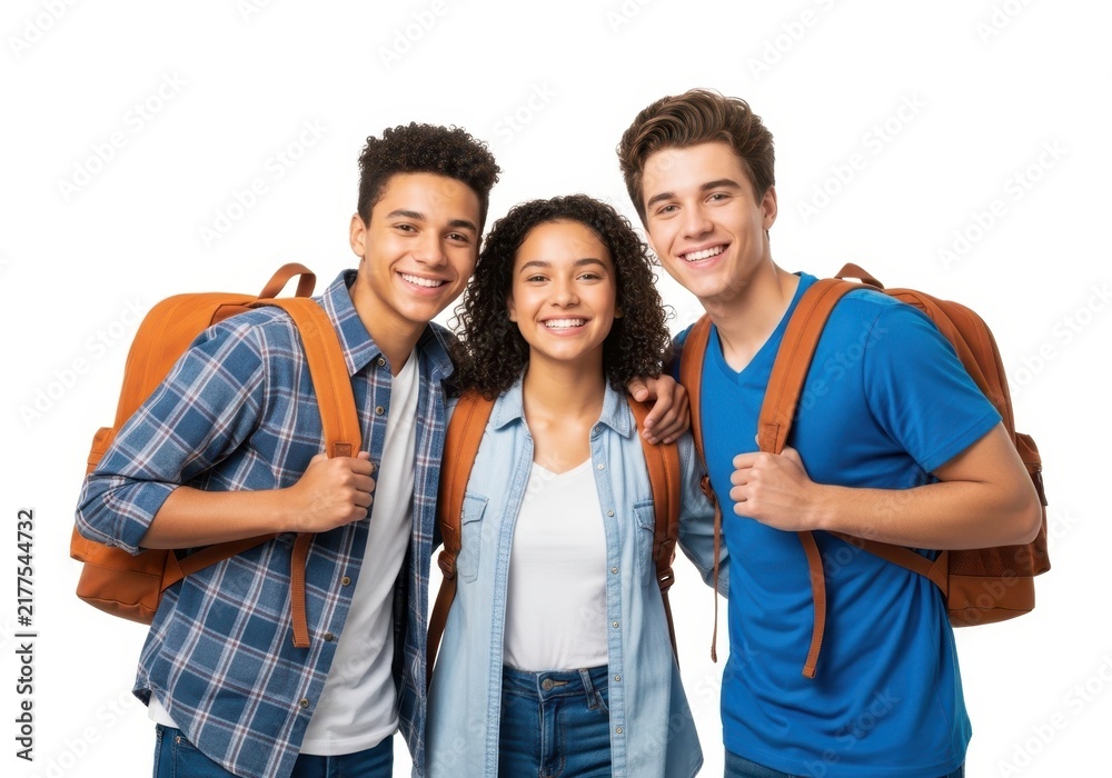 Fototapeta premium Three happy friends smiling with backpacks