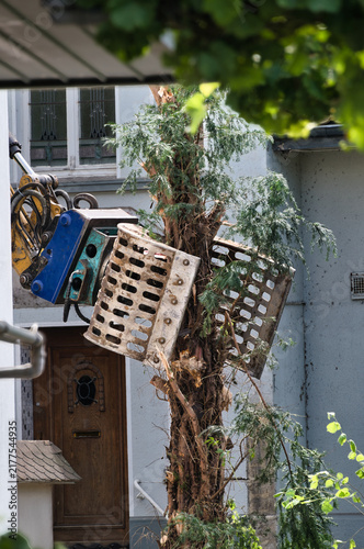 Abrissarbeiten durch einen Bagger auf einem Grundstück