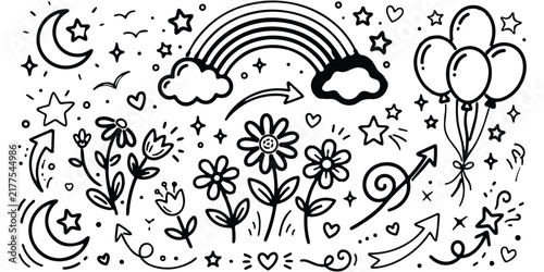 Whimsical dreamy doodle illustration with flowers and balloons