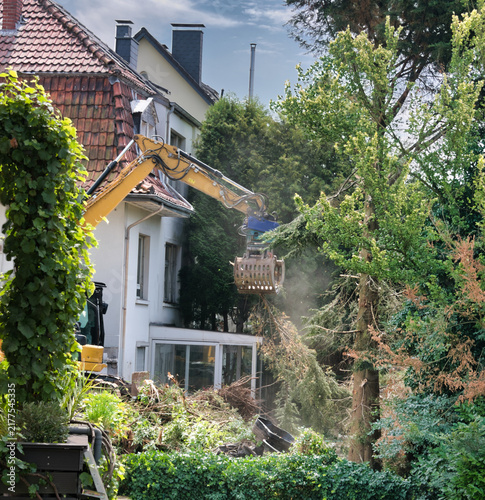 Abrissarbeiten durch einen Bagger auf einem Grundstück