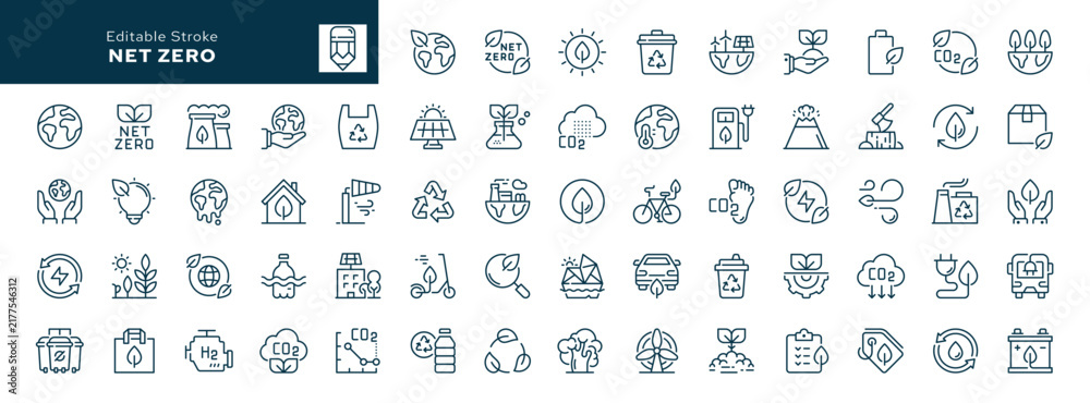Obraz premium Net zero outline icons set. Carbon, green energy and recycling. Green Planet. Line icon in linear style. Vector collection 
