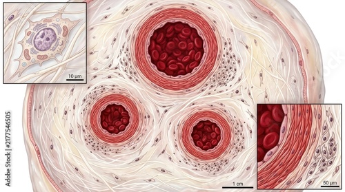 Stem cells inside umbilical cord tissue cross section, demonstrating blood vessels with red erythrocyte flow, microscopic fibroblast structure, wharton jelly connective anatomy.