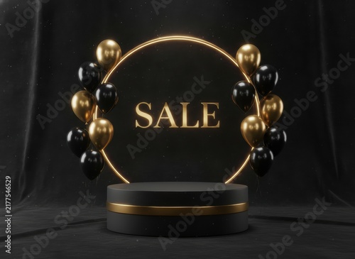 Black and gold sale podium with round frame and balloons for product display on a luxury dark velvet background
