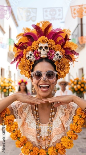 Mexican woman smiling, celebrating Dia de los Muertos festival, wearing elaborate marigold flower headdress with skull ornaments, sunglasses during traditional Day of the Dead, All Souls' evening.