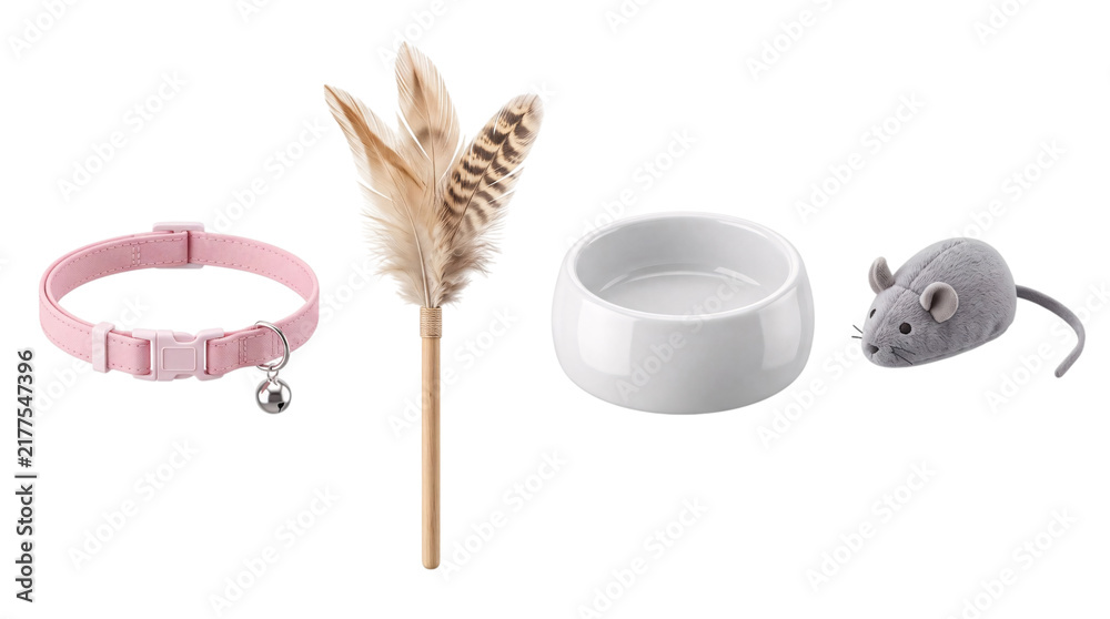 Obraz premium Cat accessories set: pink collar, png on isolated transparent background