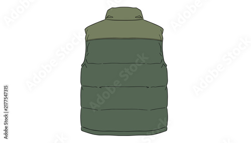 Back view of a dual-tone green puffer vest jacket vector illustration showcasing winter apparel design on white background.