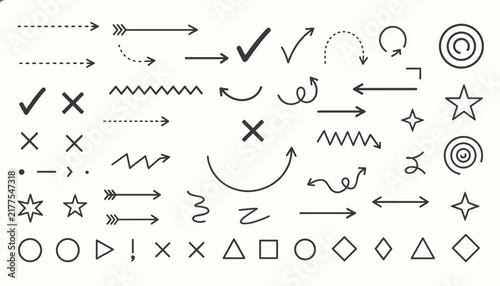 Hand-drawn doodle symbols collection featuring arrows, stars, circles, checkmarks, and geometric shapes on an off-white background.