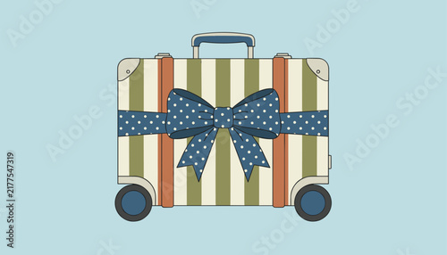 Retro striped travel suitcase decorated with a large blue polka-dot bow on a light blue background represents vacation preparation.