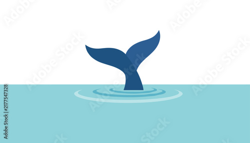 Blue whale tail diving into the light teal ocean water creating gentle ripples vector illustration represents marine life.