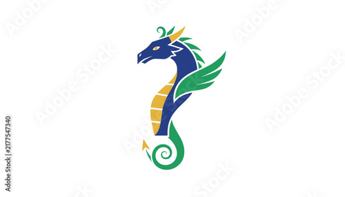 Mythological seahorse dragon hybrid creature logo featuring blue body, green wings, and golden scales on white background.