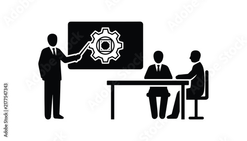 Businessman silhouette giving a presentation with a pointer stick and gear diagram on board to colleagues sitting at a desk.