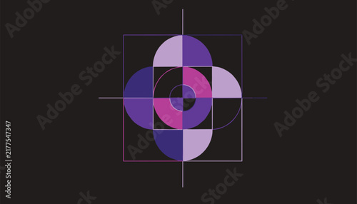 Abstract geometric flower mandala design in purple, lavender, and pink hues on a black background represents modern symmetry.