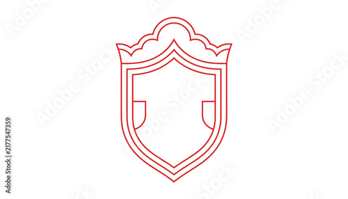 Red line art coat of arms shield crest illustration with decorative crown details isolated on white background.