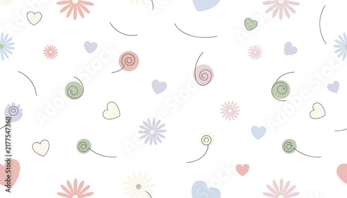 Seamless pastel background pattern filled with abstract hand-drawn flowers, hearts, and swirls in soft pink, blue, and green.