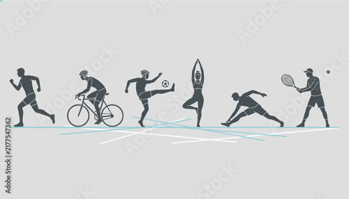 Silhouette sequence of six athletes practicing running, cycling, soccer, yoga, stretching, and tennis on a grey background.