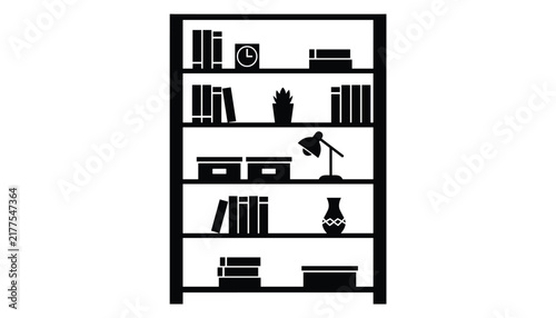 Black silhouette bookcase filled with books, clock, desk lamp, decorative vase, storage boxes, and small plant.