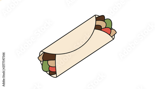 Delicious looking cartoon burrito wrap filled with sliced grilled beef, fresh lettuce, and tomatoes on white background.
