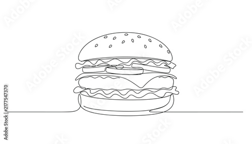 Continuous line art drawing of a classic double cheeseburger with sesame bun, lettuce, tomato, cheese, and patty.