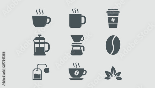 Collection of nine tea and coffee theme icons featuring cups, mugs, take-away container, french press, and drip brewer.