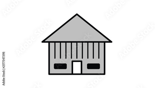 Simple grey and black outline illustration of a classic rustic wooden barn house isolated on a white background.