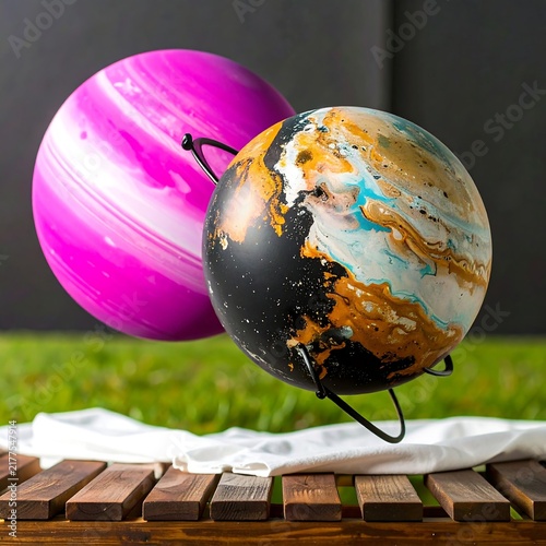 Colorful abstract art balloons floating in air.