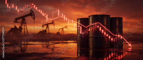 Declining oil price chart overlaying crude barrels and pump jacks.