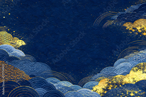 Luxury Japanese Seigaiha Wave Pattern with Gold Leaf on Indigo Washi