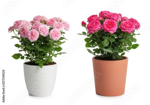 Two potted roses with different colors in simple containers