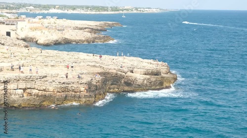 Scenic Coastal Panorama of Rocky Cliffs and Blue Sea in Polignano a Mare Puglia Italy