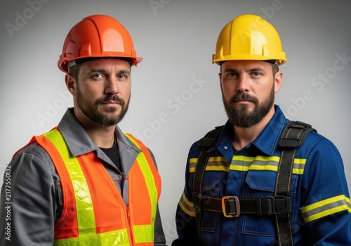 Two serious construction workers wearing safety helmets and reflective vests