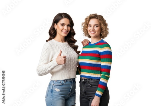 Two smiling women posing together in casual outfits