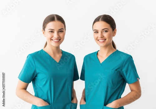Two smiling nurses in teal scrubs standing together