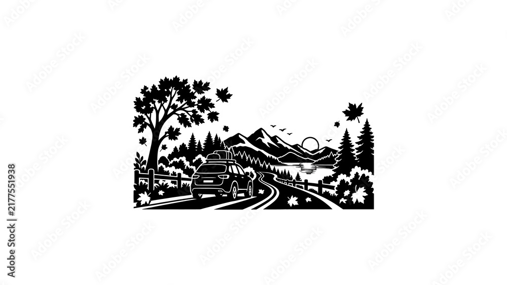 Fototapeta premium Autumn road trip with car driving through forest.