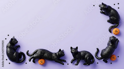 Black cats and pumpkins halloween arrangement on light purple