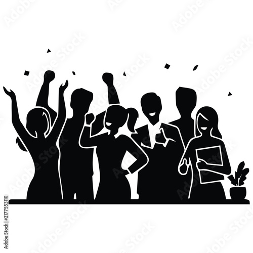 Group of black silhouette people celebrating success and teamwork with confetti.
