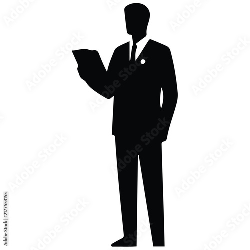 Silhouette of businessman in professional suit holding document for corporate presentation.