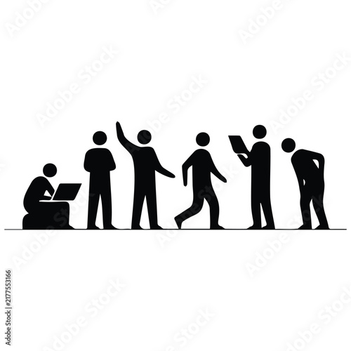 Sequence of office employees working in different poses representing diverse business tasks.