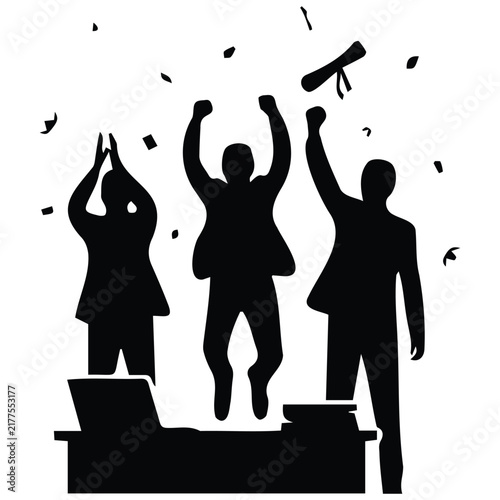Three black silhouette people celebrating success with confetti, diploma, and desk.