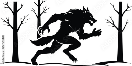 Фотография Fascinating fierce werewolf running past bare trees silhouette vector illustrati
