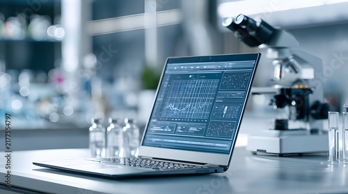 Close-up of laptop with biochemical analysis charts on screen on clinical lab table with medical test tubes, pharmaceutical experiment software interface