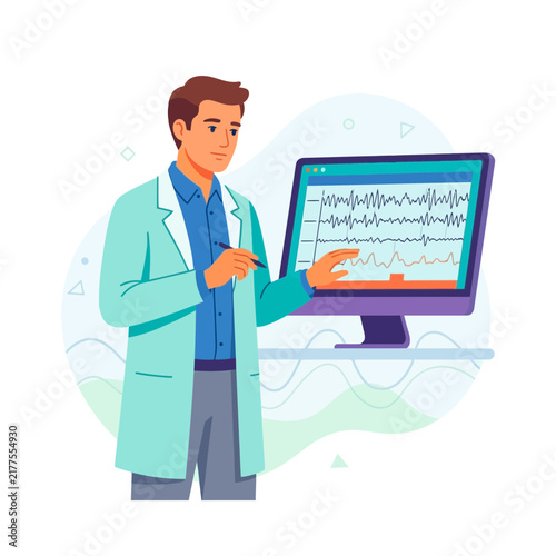 Scientist Analyzing Brainwave Data on Computer Screen, Medical Research and Neuroscience Concept