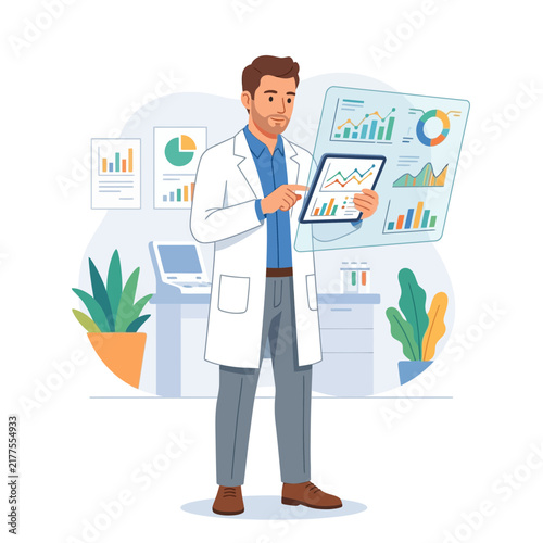 Scientist Analyzing Data on Futuristic Transparent Screen and Tablet