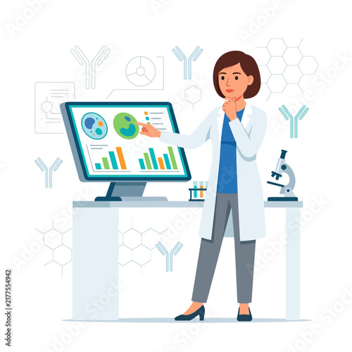 Scientist Analyzing Data on Computer Screen in Laboratory, with Microscope and Molecular Structures