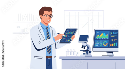 Scientist Analyzing Data on Tablet and Computer in Modern Laboratory