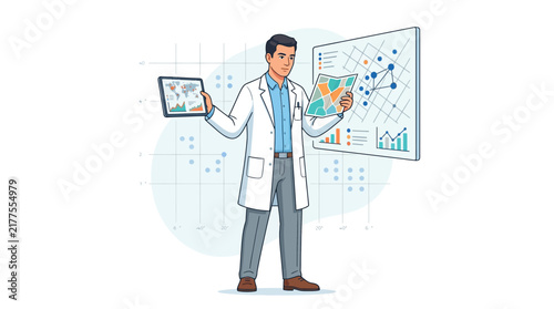 Scientist analyzing data on tablet and large screen, representing research, innovation, and global connectivity.