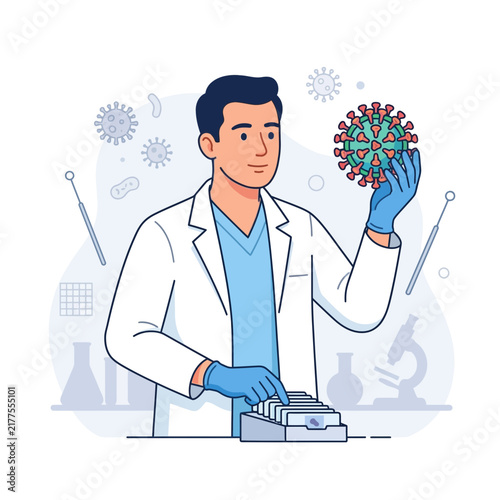 Scientist examining coronavirus molecule in laboratory with microscope and scientific equipment, vector illustration